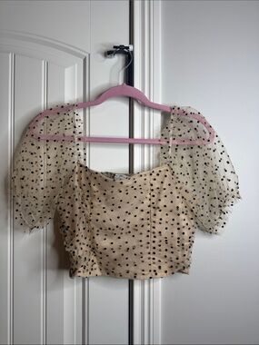Beige Polka Dot Puff Sleeve Crop Top